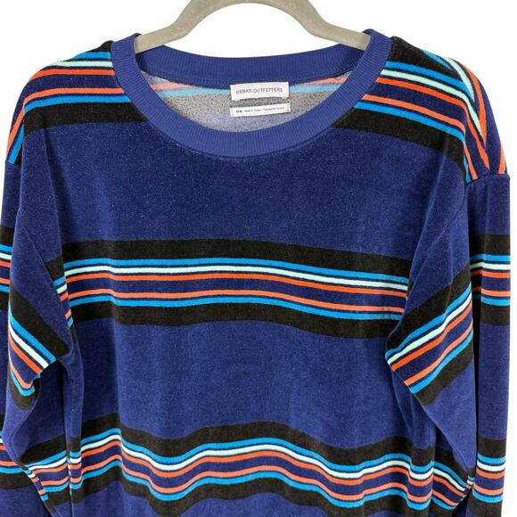 Urban Outfitters Sweatshirt Womens Medium Blue Velour Retro Stripe Boxy - Picture 3 of 8
